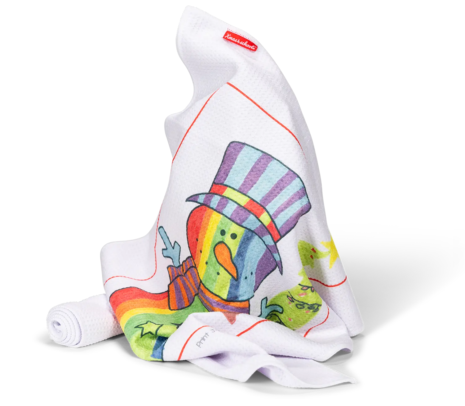 Child's artwork printed on a christmas tea towel